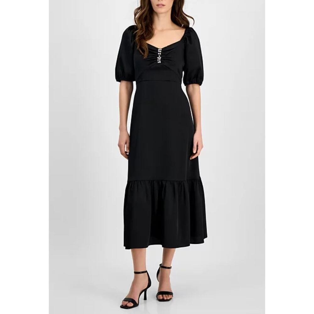 Anne Klein Women's Rhinestone Puff-Sleeve Midi Dress Black Size 12